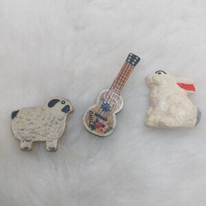 Vtg Handmade Wooden Pin Lot 3 Sheep/Acoustic Guitar / Rabbit